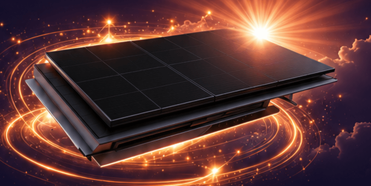 Premium black-on-black solar array surrounded by warm orange energy trails