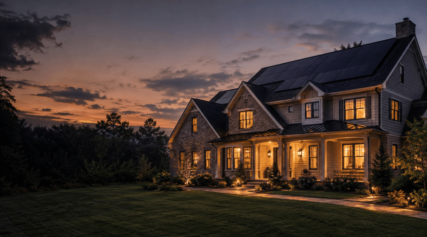 Residential home with rooftop solar panels at sunset.