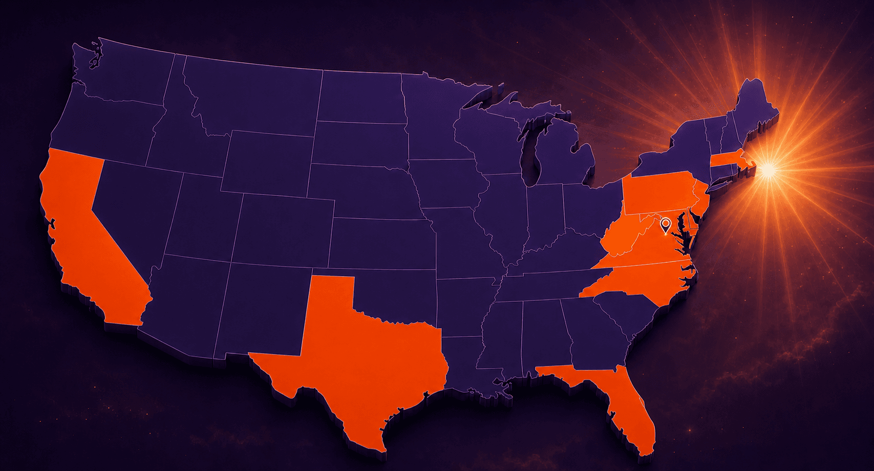Stylized United States map highlighting Sunburst service markets